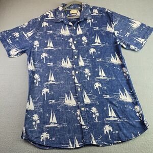Homme Heritage XL Blue White Sailboat Hawaiian Camp Shirt Tropical Nautical
